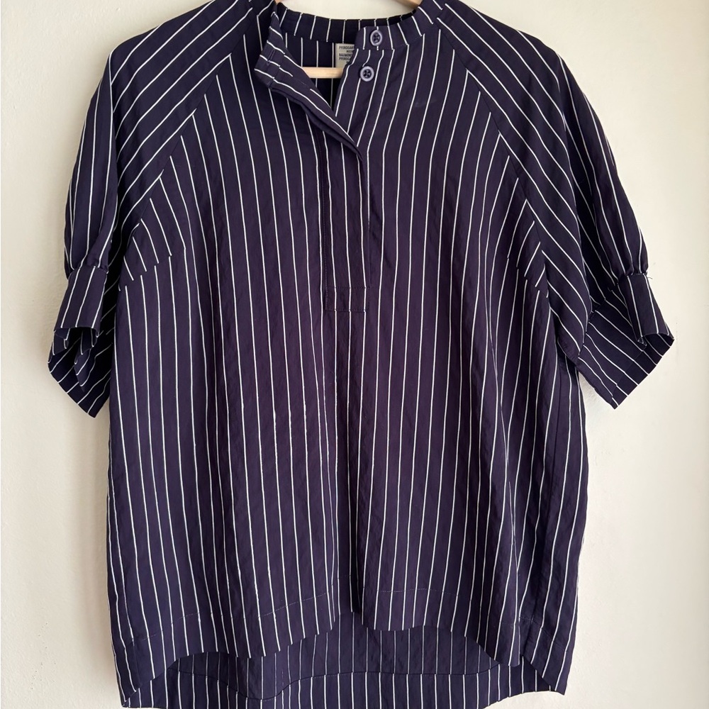Blue and White Boxy Button Down Blouse